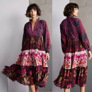 Roopa Pemmaraju Calla Tiered Maxi Dress Size XS Floral Long Sleeve Boho Cottage